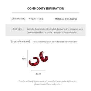 Detail view of red and black leopard print C-shaped leather hoops with dimensions