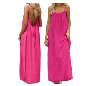 Detail view of backless rose red maxi dress showing fabric texture and strap design