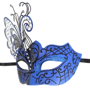Detail of blue and black metal butterfly masquerade mask with laser-cut wings