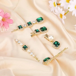 Vintage gold pearl and emerald rhinestone hair clip 5-piece set on elegant silk