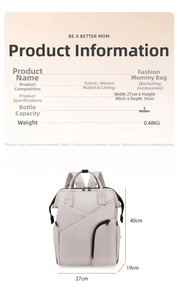 Detailed dimensions showing size 27x40x19cm for the lightweight fashion diaper bag