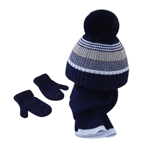Ensemble d'hiver 3 pièces bébé avec bonnet à pompon, écharpe rayée et moufles bleu marine