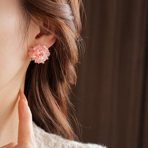 Close-up of pink crystal bead cluster stud earrings worn by a model for a stylish look