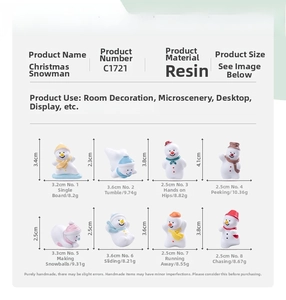 Detailed size and weight chart for miniature resin Christmas snowman figurines