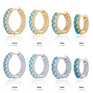 Bohemian Hoop Earrings Copper With Turquoise And Cubic Zirconia Round Huggies With 925 Sterling Silver Earring Post For Women