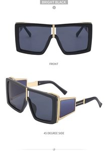 Front and side view of steampunk sunglasses with bright black frame and gold metal accents