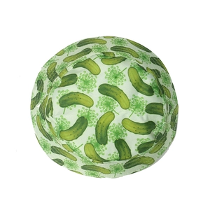 Women's summer bucket hat with green pickle and dill prints on light cotton fabric