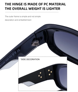 Detail of polarized sunglasses hinge with gold star rivets and smooth PC frame texture