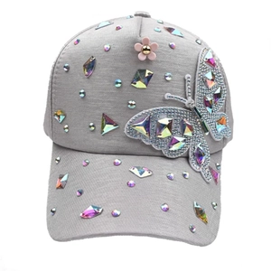 Gray baseball cap with colorful rhinestones and 3D butterfly decoration for women