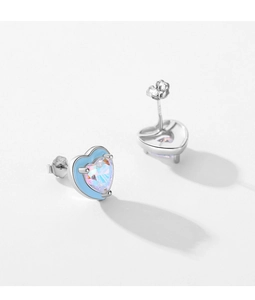 Close-up of S925 silver heart studs with blue enamel and iridescent zircon stones
