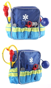 Detailed view of the blue ambulance toy kit with plastic tools and a storage bag