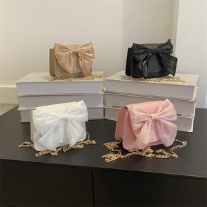 Women Fashion PU Leather Small Square Bag With Big Bow And Metal Chain Crossbody Shoulder Bag Cute Casual Handbag