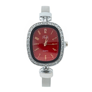 Women's quartz watch with red oval dial, rhinestone bezel and silver mesh strap