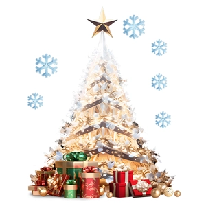 Close-up of golden glowing Christmas tree with snowflakes and colorful gift boxes