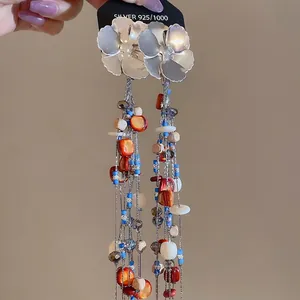 Handmade 925 silver flower earrings with colorful crystal tassels and beads
