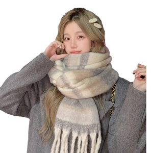 Winter chunky striped scarf with tassels in beige and grey colors for women
