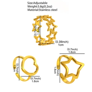 Three 18k gold-plated stainless steel hollow star and heart rings with adjustable bands