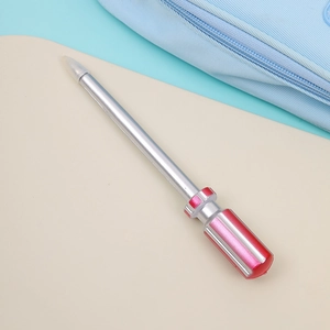 Creative screwdriver-shaped ballpoint pen with silver body and pink handle detail