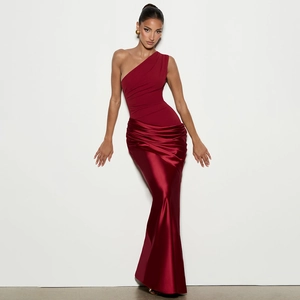 Elegant one-shoulder wine red satin maxi dress with slimming pleated waist and floor length