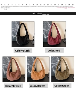 Retro suede hobo bags featuring heart-shaped rivet patterns in five different colors