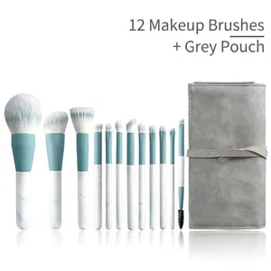Set of 12 soft makeup brushes with blue-grey bristles and a grey portable pouch