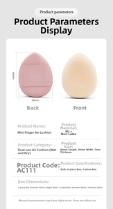 Detailed product dimensions for mini finger powder puff measuring 40x30x7mm