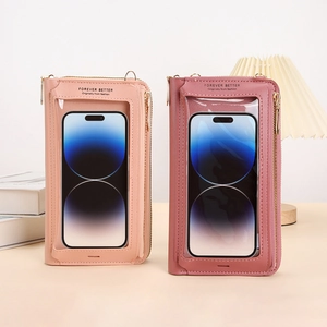 Borsa a tracolla per cellulare con finestra touch-screen in ecopelle rosa chic