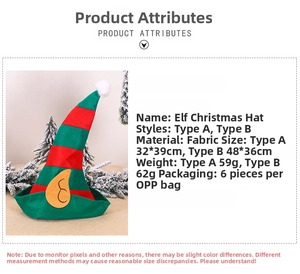 Detailed spec view of red and green striped elf Christmas hat with ears and pom-pom