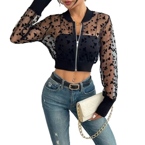 Detail of sheer black mesh jacket with delicate butterfly flocking and ribbed knit trims