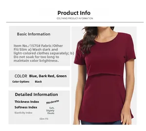Detail view of the nursing layer on a slim fit short sleeve maternity t-shirt in red
