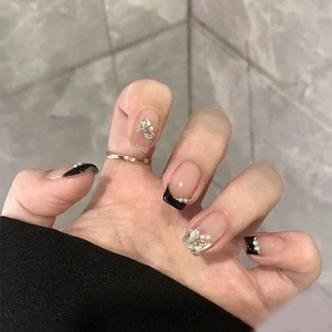 Ongles À Presser À Pointe Française Noire Avec Décoration De Künstliche Perles En Strass Paillettes Argentées Plastique ABS Amovible Élégant