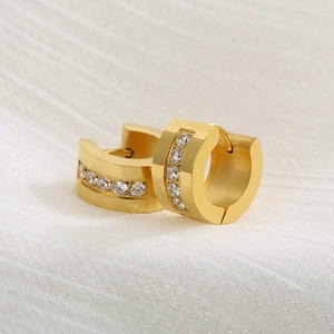 Polished stainless steel huggie hoop earrings with sparkling cubic zirconia inlay