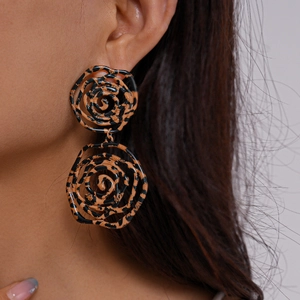 Detail view of large leopard print rose drop earrings showing layered acrylic petals