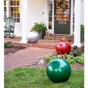 Inflatable outdoor Christmas ornaments in red green and silver for festive yard decoration