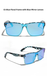 Detail of square oversized blue floral sunglasses with polarized blue mirror lenses