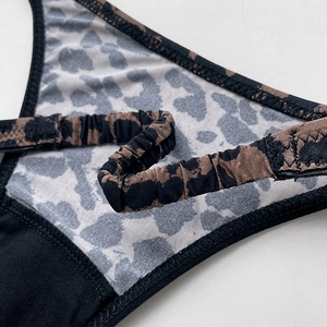 Sexy leopard print ice silk thong with ruched elastic strap and high cut bikini style