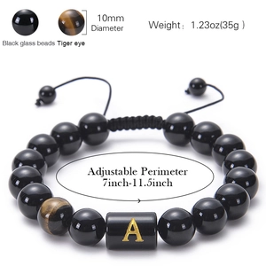 Adjustable A-Z natural stone bracelet with 10mm black beads and golden letter A