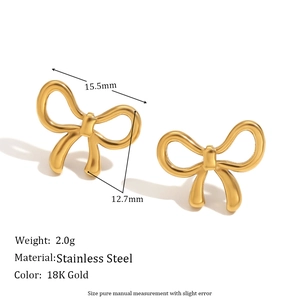 Detailed view of 18K gold plated stainless steel bow earrings with measurements and weight