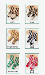 Close-up of checkered mid-calf socks in six assorted colors with elastic ribbed cuffs
