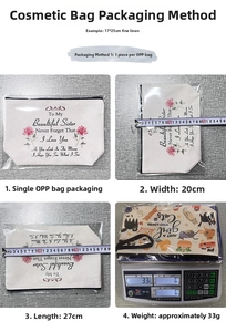 Detailed size chart showing the 27x20cm cream makeup bag with sister quote and cat print