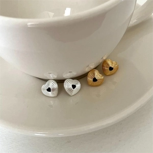 Heart Stud Earrings Rippled Texture Black Center Accent 925 Sterling Silver Earring Post Elegant Korean INS Style