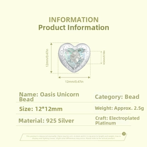 Detail view of 925 silver heart charm with green gem and dimensions 12x12mm
