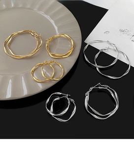 Detailed close-up of twisted hoop earrings in gold and silver finish on a stylish plate