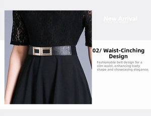 Detail of a black leather wide belt with double gold textured buckles on a flowy skirt