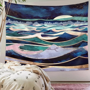 Close-up of abstract mountain tapestry with blue waves, gold lines and moon for wall decor