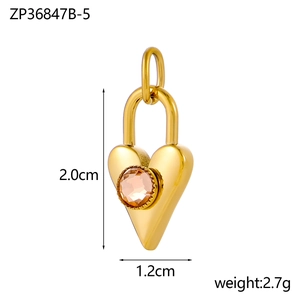 Detail of gold heart padlock pendant with pink gemstone showing dimensions 2.0x1.2cm