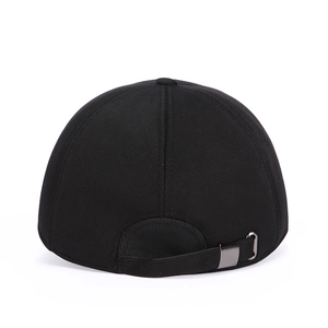 Classic black winter baseball cap back view with adjustable silver metal buckle strap