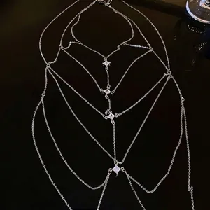 Multi-layer silver body chain with geometric cubic zirconia stones in bohemian style
