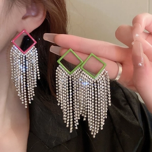 Elegant hollow rhombic drop earrings with rhinestones and long tassels for women