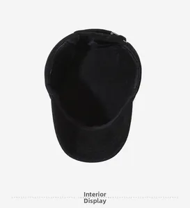Detailed interior view of a black winter military cap showing soft warm lining and stitching